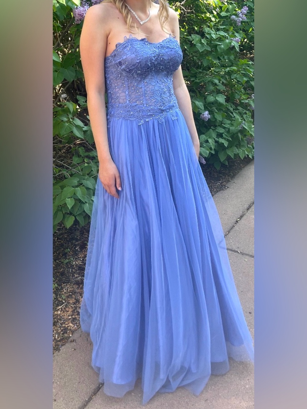 Periwinkle Blue Lace Bodice Tulle Gown
